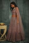Nikita Vishakha_Purple Net Crochet , Pearl Halter Neck Hand Lehenga Set_Online_at_Aza_Fashions