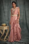 Buy_Nikita Vishakha_Pink Organza Hand Embroidered Crochet Work V Neck Pre-draped Saree With Blouse _at_Aza_Fashions