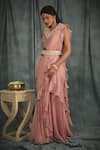 Nikita Vishakha_Pink Organza Hand Embroidered Crochet Work V Neck Pre-draped Saree With Blouse _Online_at_Aza_Fashions