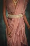 Buy_Nikita Vishakha_Pink Organza Crochet , Pearl V Neck Pre-draped Saree With Blouse _Online_at_Aza_Fashions