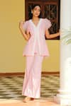 Buy_Enaarah_Pink Embroidered Thread Work V Rosette Kurta And Bell Bottom Pant Set  _at_Aza_Fashions