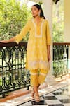 Buy_Enaarah_Yellow Embroidered Thread Work V Dandelion Cotton Kurta And Pant Set  _at_Aza_Fashions