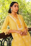 Shop_Enaarah_Yellow Embroidered Thread Work V Dandelion Cotton Kurta And Pant Set  _at_Aza_Fashions