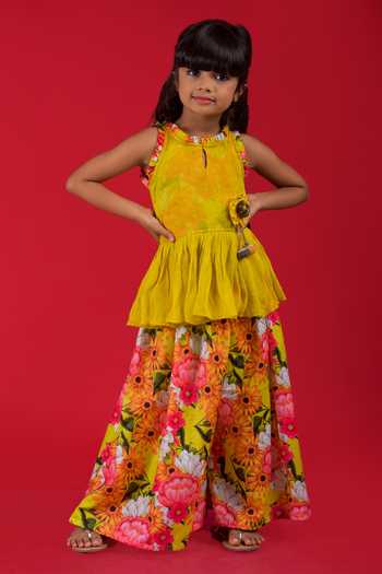 Buy_Kirti Agarwal - Pret N Couture_Yellow Georgette, Silk Peplum Top And Printed Palazzo Set _at_Aza_Fashions