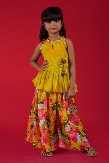 Shop_Kirti Agarwal - Pret N Couture_Yellow Georgette, Silk Peplum Top And Printed Palazzo Set _at_Aza_Fashions
