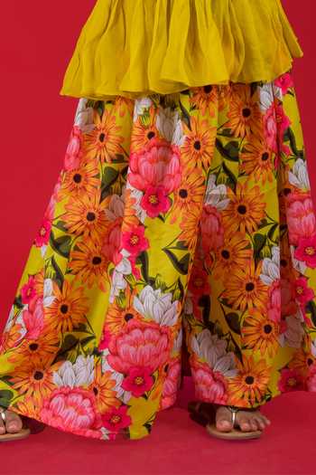 Buy_Kirti Agarwal - Pret N Couture_Yellow Georgette, Silk Peplum Top And Printed Palazzo Set _Online_at_Aza_Fashions