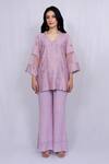 Buy_Ewaz_Purple Chanderi Embroidered Floral V Neck Tunic And Pant Set _at_Aza_Fashions