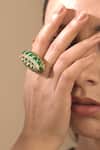 Shop_Kaari_Gold Plated Gemstones, Diamonds Emerald Vellore Polki Two Finger Ring _Online_at_Aza_Fashions