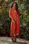 Buy_Nautanky_Orange Crepe V Neck Printed Wrap Kaftan  _at_Aza_Fashions