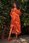 Shop_Nautanky_Orange Crepe V Neck Printed Wrap Kaftan  _at_Aza_Fashions