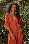 Nautanky_Orange Crepe V Neck Printed Wrap Kaftan  _at_Aza_Fashions