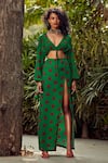 Buy_Nautanky_Green Crepe V Neck Printed Crop Top And Skirt Set  _at_Aza_Fashions