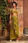 Buy_Nautanky_Green Crepe V Neck Knotted Crop Top And Skirt Set  _at_Aza_Fashions