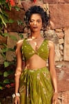 Shop_Nautanky_Green Crepe V Neck Knotted Crop Top And Skirt Set  _Online_at_Aza_Fashions