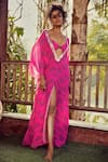 Buy_Nautanky_Pink Crepe V Neck Printed Slit Kaftan With Bikini Top  _at_Aza_Fashions