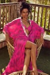 Shop_Nautanky_Pink Crepe V Neck Printed Slit Kaftan With Bikini Top  _at_Aza_Fashions