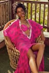 Nautanky_Pink Crepe V Neck Printed Slit Kaftan With Bikini Top  _Online_at_Aza_Fashions