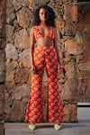 Buy_Nautanky_Orange Crepe V Neck Ruffle Crop Top And Pant Set  _at_Aza_Fashions