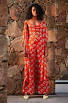 Buy_Nautanky_Orange Crepe Crop Top Cowl Floral Print Cape And Pant Set  _at_Aza_Fashions