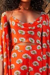 Shop_Nautanky_Orange Crepe Crop Top Cowl Floral Print Cape And Pant Set  _Online_at_Aza_Fashions