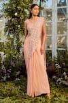 Buy_Rococo_Peach Georgette Mirror Work, Sequins V Neck Kaia Pre-draped Saree With Blouse _at_Aza_Fashions
