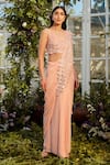 Rococo_Peach Georgette Mirror Work, Sequins V Neck Kaia Pre-draped Saree With Blouse _Online_at_Aza_Fashions