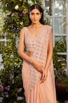 Buy_Rococo_Peach Georgette Mirror Work, Sequins V Neck Kaia Pre-draped Saree With Blouse _Online_at_Aza_Fashions