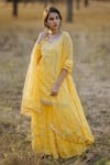 Kaia_Yellow Cotton Leaf Neck Embroidered Kurta Sharara Set _Online_at_Aza_Fashions