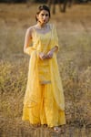 Buy_Kaia_Yellow Cotton Leaf Neck Embroidered Kurta Sharara Set _Online_at_Aza_Fashions