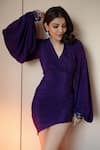 Buy_Nirmooha_Purple Crepe Embroidery V Neck Drape Dress _at_Aza_Fashions