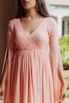 Buy_Pinup By Astha_Peach Flat Chiffon V Neck Kakia Draped Sleeves Gown _Online_at_Aza_Fashions
