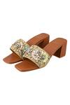 Shop_Kaltheos_Brown Crystals, Fabric Flowers Embellished Heels_at_Aza_Fashions