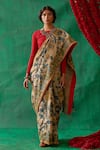 Buy_Kasturi Kundal_Gold Pure Tussar Silk Kalamkari Floral Muktamani Saree  _at_Aza_Fashions