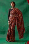 Buy_Kasturi Kundal_Maroon Pure Banarasi Tussar Silk Kalamkari Floral Apsara Saree  _at_Aza_Fashions