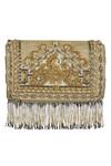 Shop_Lovetobag_Gold Luminous Japanese Micro Bead Kaleen Flapover Clutch With Handle_at_Aza_Fashions