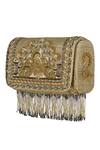 Lovetobag_Gold Luminous Japanese Micro Bead Kaleen Flapover Clutch With Handle_Online_at_Aza_Fashions