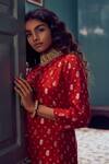 Stotram_Red Dupatta Organza Embroidery Round Banarasi Kurta Set_at_Aza_Fashions