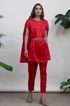 Buy_Kanelle_Red Linen Satin Round Top And Pant Set _at_Aza_Fashions