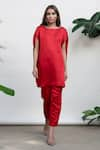 Shop_Kanelle_Red Linen Satin Round Top And Pant Set _Online_at_Aza_Fashions