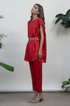 Kanelle_Red Linen Satin Round Top And Pant Set _at_Aza_Fashions