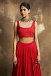 Shop_Karishma Khanduja Bareilly_Red Net, Crepe, Tabby Silk Square Neck Lehenga And Embroidered Blouse Set _Online_at_Aza_Fashions