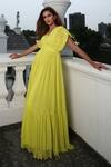 Buy_Pinup By Astha_Yellow Georgette Plain V Neck Draped Gown _Online_at_Aza_Fashions