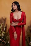 K&A By Karishma and Ashita_Red Georgette Embellished Cutdana Sweetheart Rosse Pre-draped Saree With Blouse _Online_at_Aza_Fashions