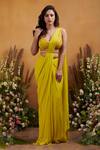 Buy_K&A By Karishma and Ashita_Yellow Georgette Embellished Floral Daffodils Pre-draped Saree With Blouse _at_Aza_Fashions