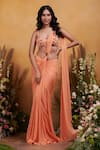 Buy_K&A By Karishma and Ashita_Orange Georgette Embroidery Floral Scoop Cosmos Pre-draped Saree With Blouse _at_Aza_Fashions