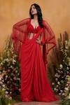 Buy_K & A By Karishma And Ashita_Red Net, Georgette, Shantoon Floral, Hibiscus Jumpsuit With Embellished Cape_at_Aza_Fashions