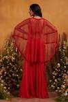 Shop_K & A By Karishma And Ashita_Red Net, Georgette, Shantoon Floral, Hibiscus Jumpsuit With Embellished Cape_at_Aza_Fashions