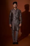 Buy_Kaaj Button X AZA_Grey Chanderi Silk, Lining Satin Geometric Pattern Embroidered Kurta Set _at_Aza_Fashions