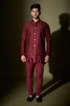 Buy_Kaaj Button X AZA_Maroon Chanderi Silk, Lining Satin Thread Work Embroidered Bundi And Kurta Set _at_Aza_Fashions