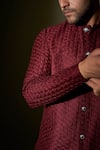 Kaaj Button X AZA_Maroon Chanderi Silk, Lining Satin Thread Work Embroidered Bundi And Kurta Set _Online_at_Aza_Fashions